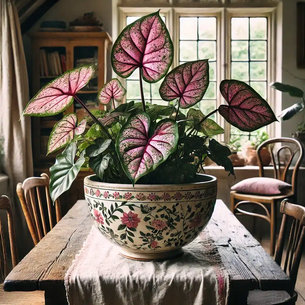 Pink princess philodendron in a tea cup vintage on a dining table in front of a window