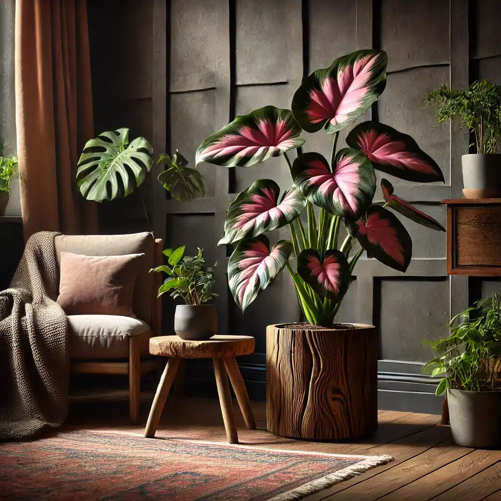 Pink princess philodendron in a wood planter in the corner of a living room next to the beige sofa