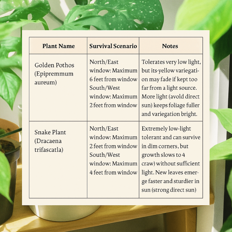 Light Chart for 50 Popular houseplants