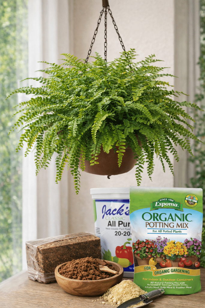Boston fern plant with best soil and fertilizer for boston fer: Jacks fertilizer, and Epsoma mix