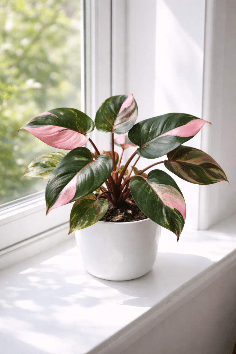 Pink princess philodendron by window